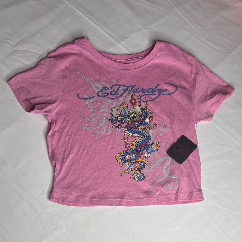 Ed Hardy Bubble Gum Pink Tee with Multicolor Dragon Graphic | NWT